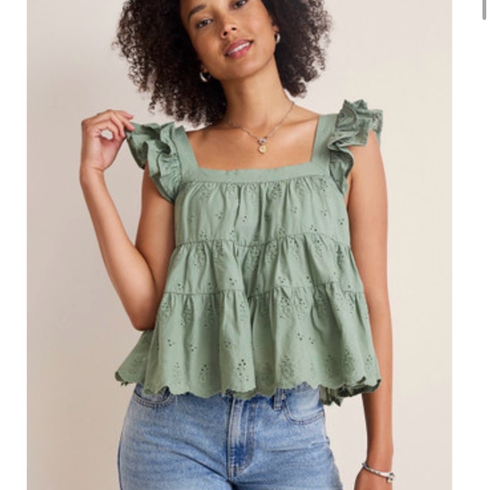 Francesca's Collections Jenna Eyelet Sage Tiered Blouse